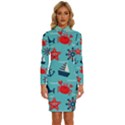 Seamless-pattern-nautical-icons-cartoon-style Long Sleeve Shirt Collar Bodycon Dress View1