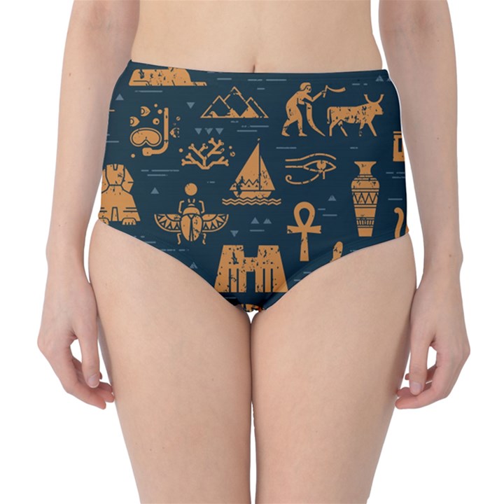 Dark-seamless-pattern-symbols-landmarks-signs-egypt Classic High-Waist Bikini Bottoms