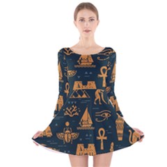 Dark-seamless-pattern-symbols-landmarks-signs-egypt Long Sleeve Velvet Skater Dress by Salman4z