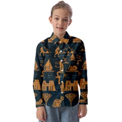 Dark-seamless-pattern-symbols-landmarks-signs-egypt Kids  Long Sleeve Shirt by Salman4z