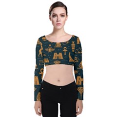 Dark-seamless-pattern-symbols-landmarks-signs-egypt Velvet Long Sleeve Crop Top by Salman4z