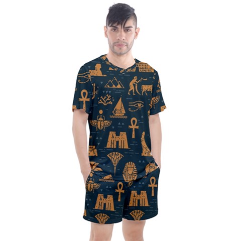 Dark-seamless-pattern-symbols-landmarks-signs-egypt Men s Mesh Tee And Shorts Set by Salman4z