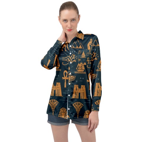 Dark-seamless-pattern-symbols-landmarks-signs-egypt Long Sleeve Satin Shirt by Salman4z