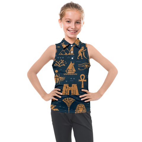 Dark-seamless-pattern-symbols-landmarks-signs-egypt Kids  Sleeveless Polo Tee by Salman4z