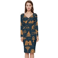 Dark-seamless-pattern-symbols-landmarks-signs-egypt Long Sleeve V-neck Bodycon Dress  by Salman4z