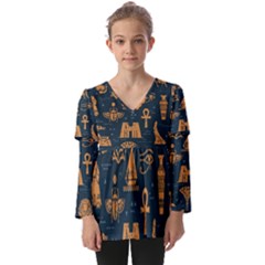 Dark-seamless-pattern-symbols-landmarks-signs-egypt Kids  V Neck Casual Top by Salman4z