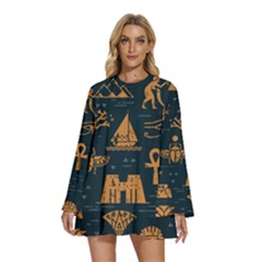 Dark-seamless-pattern-symbols-landmarks-signs-egypt Round Neck Long Sleeve Bohemian Style Chiffon Mini Dress by Salman4z