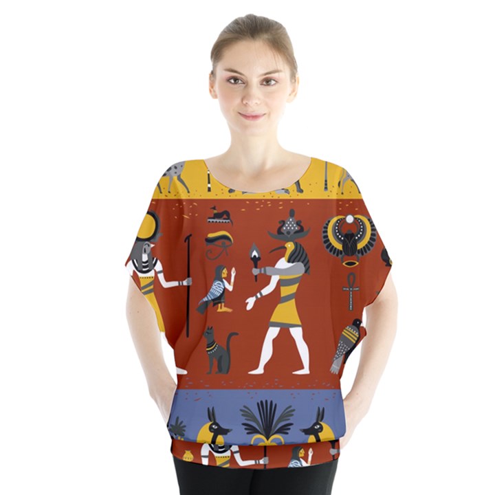 Ancient-egyptian-religion-seamless-pattern Batwing Chiffon Blouse