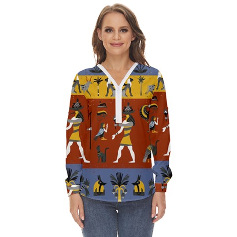 Ancient-egyptian-religion-seamless-pattern Zip Up Long Sleeve Blouse by Salman4z