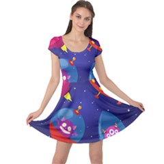 Cartoon-funny-aliens-with-ufo-duck-starry-sky-set Cap Sleeve Dress by Salman4z