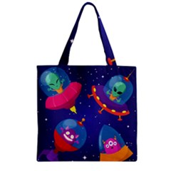 Cartoon-funny-aliens-with-ufo-duck-starry-sky-set Zipper Grocery Tote Bag by Salman4z