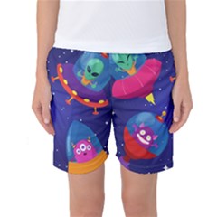 Cartoon-funny-aliens-with-ufo-duck-starry-sky-set Women s Basketball Shorts by Salman4z