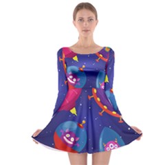 Cartoon-funny-aliens-with-ufo-duck-starry-sky-set Long Sleeve Skater Dress by Salman4z