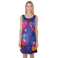 Cartoon-funny-aliens-with-ufo-duck-starry-sky-set Sleeveless Satin Nightdress by Salman4z