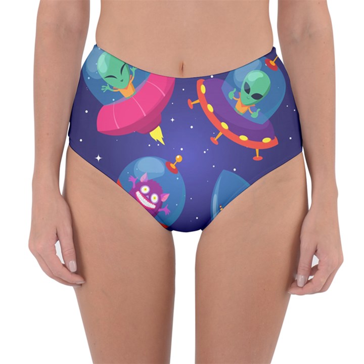 Cartoon-funny-aliens-with-ufo-duck-starry-sky-set Reversible High-Waist Bikini Bottoms