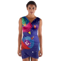 Cartoon-funny-aliens-with-ufo-duck-starry-sky-set Wrap Front Bodycon Dress by Salman4z