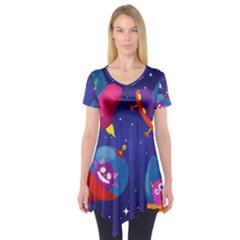 Cartoon-funny-aliens-with-ufo-duck-starry-sky-set Short Sleeve Tunic  by Salman4z