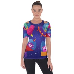 Cartoon-funny-aliens-with-ufo-duck-starry-sky-set Shoulder Cut Out Short Sleeve Top by Salman4z