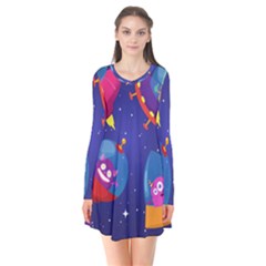 Cartoon-funny-aliens-with-ufo-duck-starry-sky-set Long Sleeve V-neck Flare Dress by Salman4z