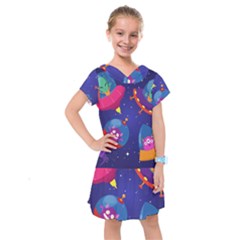 Cartoon-funny-aliens-with-ufo-duck-starry-sky-set Kids  Drop Waist Dress by Salman4z