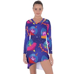 Cartoon-funny-aliens-with-ufo-duck-starry-sky-set Asymmetric Cut-out Shift Dress by Salman4z