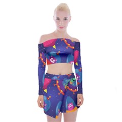 Cartoon-funny-aliens-with-ufo-duck-starry-sky-set Off Shoulder Top With Mini Skirt Set by Salman4z