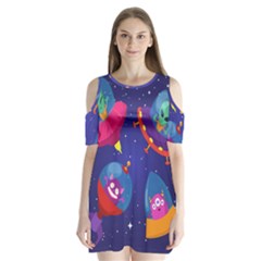 Cartoon-funny-aliens-with-ufo-duck-starry-sky-set Shoulder Cutout Velvet One Piece by Salman4z