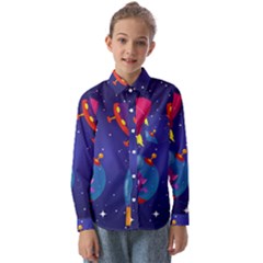 Cartoon-funny-aliens-with-ufo-duck-starry-sky-set Kids  Long Sleeve Shirt by Salman4z