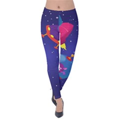 Cartoon-funny-aliens-with-ufo-duck-starry-sky-set Velvet Leggings by Salman4z