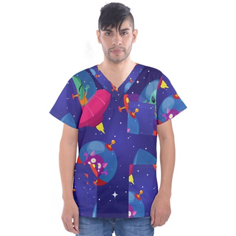 Cartoon-funny-aliens-with-ufo-duck-starry-sky-set Men s V-neck Scrub Top by Salman4z