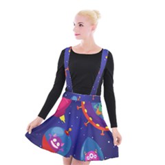 Cartoon-funny-aliens-with-ufo-duck-starry-sky-set Suspender Skater Skirt by Salman4z