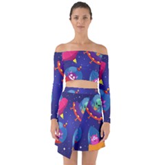 Cartoon-funny-aliens-with-ufo-duck-starry-sky-set Off Shoulder Top With Skirt Set by Salman4z