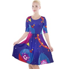 Cartoon-funny-aliens-with-ufo-duck-starry-sky-set Quarter Sleeve A-line Dress by Salman4z