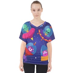 Cartoon-funny-aliens-with-ufo-duck-starry-sky-set V-neck Dolman Drape Top