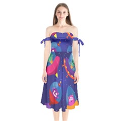 Cartoon-funny-aliens-with-ufo-duck-starry-sky-set Shoulder Tie Bardot Midi Dress by Salman4z