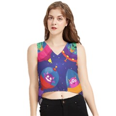 Cartoon-funny-aliens-with-ufo-duck-starry-sky-set V-neck Cropped Tank Top by Salman4z