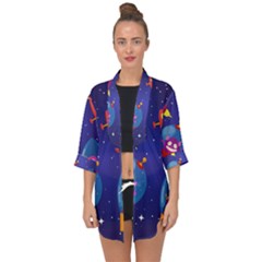 Cartoon-funny-aliens-with-ufo-duck-starry-sky-set Open Front Chiffon Kimono by Salman4z