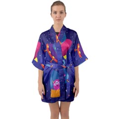 Cartoon-funny-aliens-with-ufo-duck-starry-sky-set Half Sleeve Satin Kimono  by Salman4z