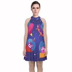 Cartoon-funny-aliens-with-ufo-duck-starry-sky-set Velvet Halter Neckline Dress  by Salman4z