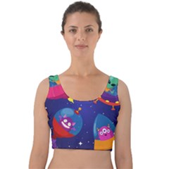 Cartoon-funny-aliens-with-ufo-duck-starry-sky-set Velvet Crop Top by Salman4z