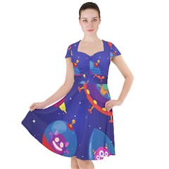 Cartoon-funny-aliens-with-ufo-duck-starry-sky-set Cap Sleeve Midi Dress by Salman4z