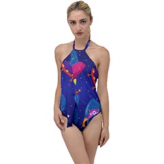 Cartoon-funny-aliens-with-ufo-duck-starry-sky-set Go With The Flow One Piece Swimsuit by Salman4z