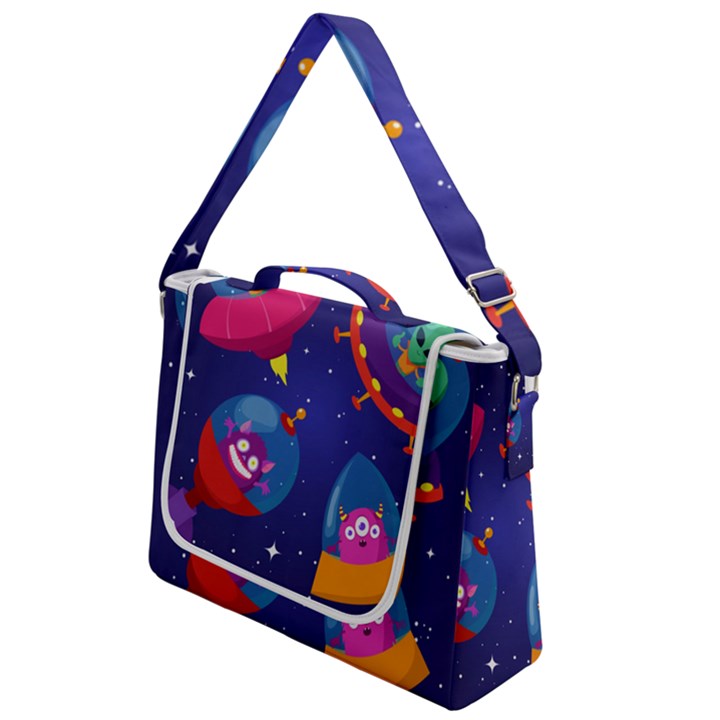 Cartoon-funny-aliens-with-ufo-duck-starry-sky-set Box Up Messenger Bag