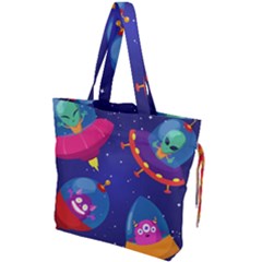 Cartoon-funny-aliens-with-ufo-duck-starry-sky-set Drawstring Tote Bag by Salman4z