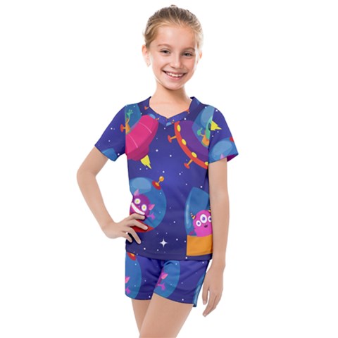 Cartoon-funny-aliens-with-ufo-duck-starry-sky-set Kids  Mesh Tee And Shorts Set by Salman4z