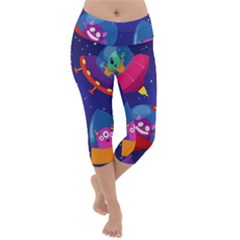 Cartoon-funny-aliens-with-ufo-duck-starry-sky-set Lightweight Velour Capri Yoga Leggings by Salman4z