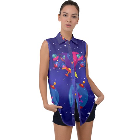 Cartoon-funny-aliens-with-ufo-duck-starry-sky-set Sleeveless Chiffon Button Shirt by Salman4z