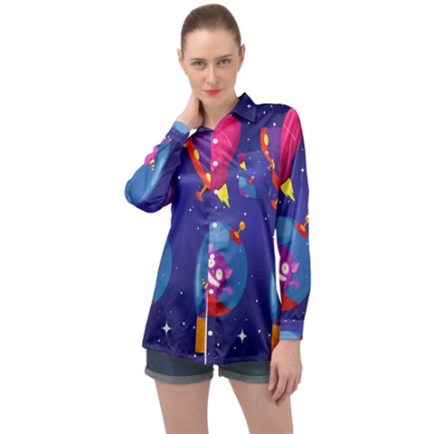 Cartoon-funny-aliens-with-ufo-duck-starry-sky-set Long Sleeve Satin Shirt by Salman4z