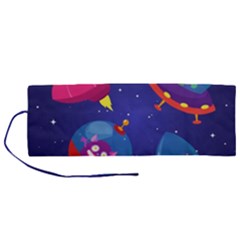 Cartoon-funny-aliens-with-ufo-duck-starry-sky-set Roll Up Canvas Pencil Holder (m) by Salman4z