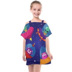 Cartoon-funny-aliens-with-ufo-duck-starry-sky-set Kids  One Piece Chiffon Dress by Salman4z